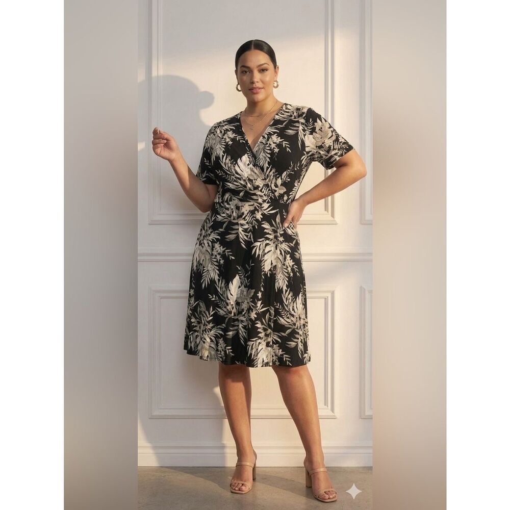 41 Hawthorn Black & Cream Leaf Print Dress 2X Plus Size Surplice Bodice Career